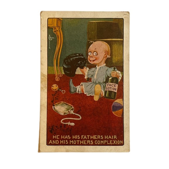 Antique Posted 1911 Ephemera Postcard Humorous Artwork Baby With Toupee Lotion - Picture 2 of 5